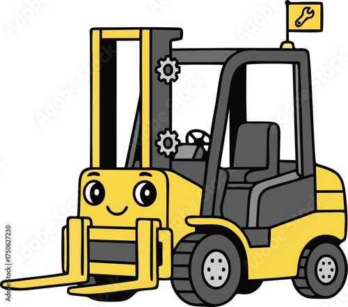Cute Cartoon Forklift Truck Character with Smile Face and Flag Vector Illustration for Kids