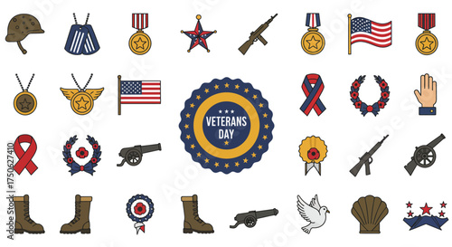 Veterans Day flat vector icon set military honor symbols