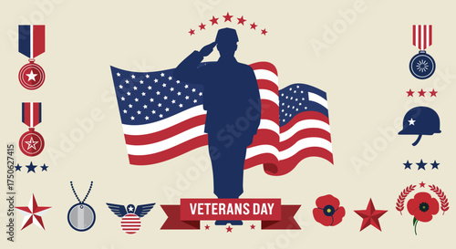 Veterans Day flat vector illustration patriotic soldier silhouette with ribbon and icons