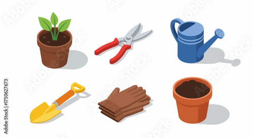 Isometric Gardening Tools and Potted Plant Collection