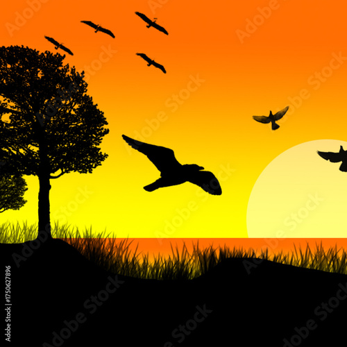 silhouette of a bird, birds flying over sunset, birds on sunset