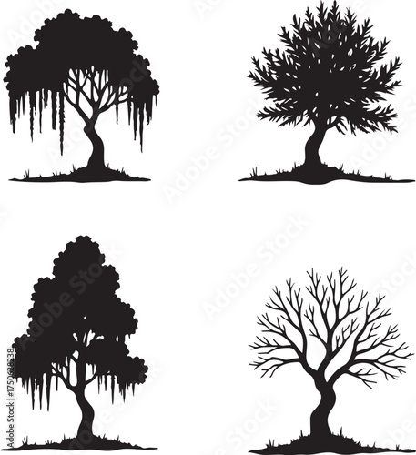 Four black silhouette trees with grass bases tree silhouette