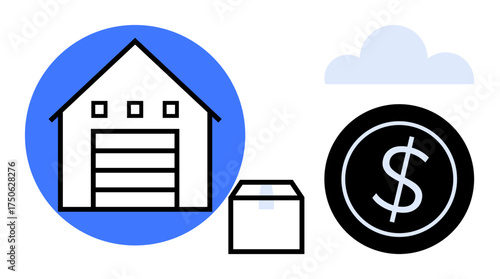 Warehouse with a garage door, package box, and dollar coin under cloud. Ideal for storage, e-commerce, shipping, logistics, cost management supply chain business planning. Simple flat metaphor