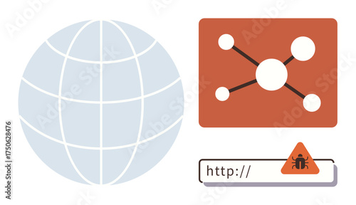 Globe representing web connectivity, network scheme highlighting communication, and URL warning accentuating cybersecurity risks. Ideal for technology, cybersecurity, malware, digital communication
