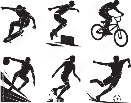 Dynamic athletes perform action sports: skate, bike, ball, roll, kick