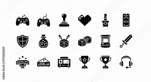 A comprehensive collection of black silhouette gaming icons, featuring controllers, consoles, dice, trophies, and more, for diverse digital and traditional play.