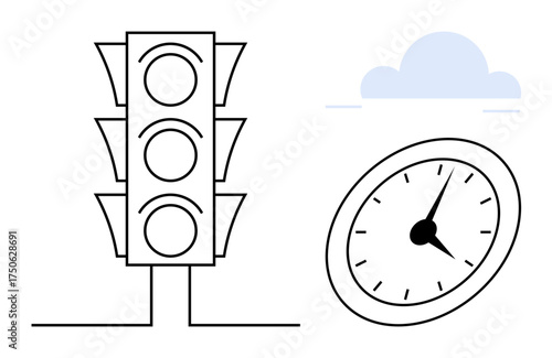 Traffic light next to an analog clock pointing to a specific time with a cloud overhead. Ideal for time management, decision-making, efficiency, scheduling, punctuality, traffic systems, workflow