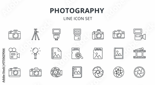 Comprehensive Photography and Videography Line Icon Set showcasing essential equipment and creative elements for visual media.