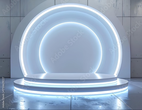 Futuristic Showcase: A sleek, modern platform with glowing neon rings, radiating sophistication. This image perfectly represents innovation and technological advancement.