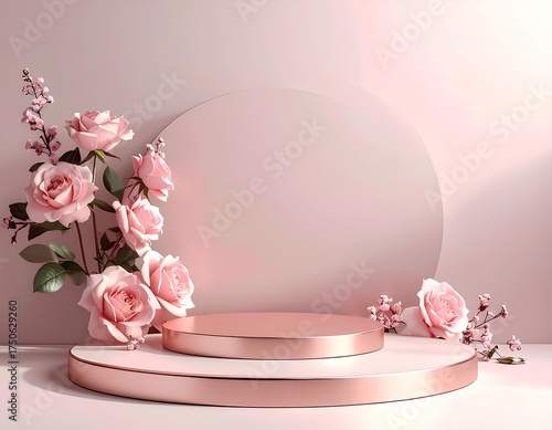 Romantic Elegance: A luxurious rose gold podium, adorned with delicate pink roses, creates a serene setting, ideal for showcasing beauty and elegance. 