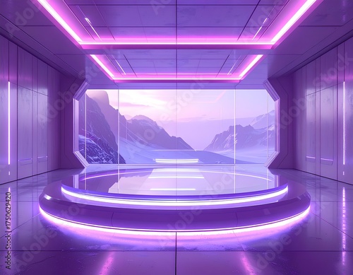 Futuristic Stage: The image features a modern, luminous stage set within a futuristic structure, offering a stunning view of a serene mountain landscape. The stage's sleek design.