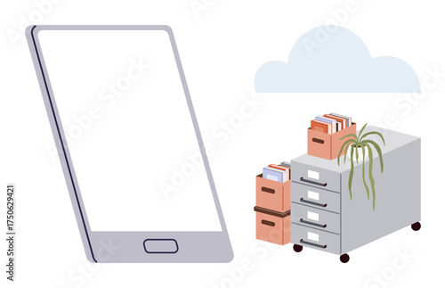 Mobile phone next to a file cabinet full of documents and a cloud in the background. Ideal for digital transformation, cloud storage, data management, productivity, modern office, organization