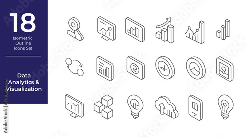 Isometric Data Analytics and Visualization Outline Icons Set Minimalist Vector Collection for Technology and Business Intelligence Design