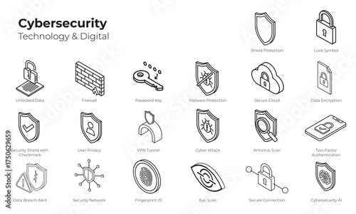 Isometric Cybersecurity Icon Set 20 Minimal Outline Vector Symbols for Data Protection, Privacy, and Digital Safety