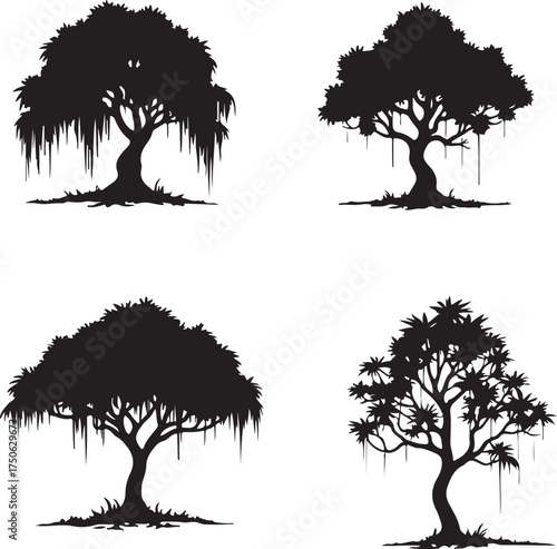 Four black silhouette trees with hanging roots and foliage
