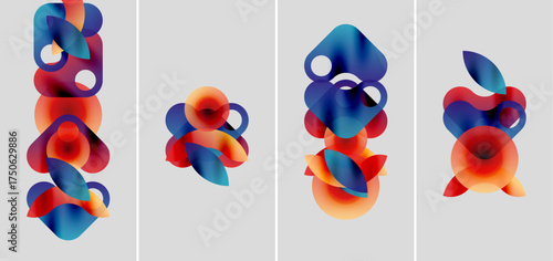 Abstract colorful shapes overlap, creating dynamic compositions. Gradient hues blend, forming fluid forms within gray backgrounds.