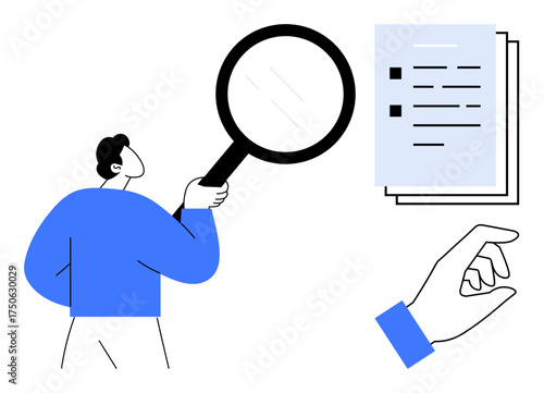 Person holding magnifying glass inspecting checklist. Hand pointing at tasks. Ideal for analysis, organization, productivity, planning, research, accuracy process assessment. Simple flat metaphor