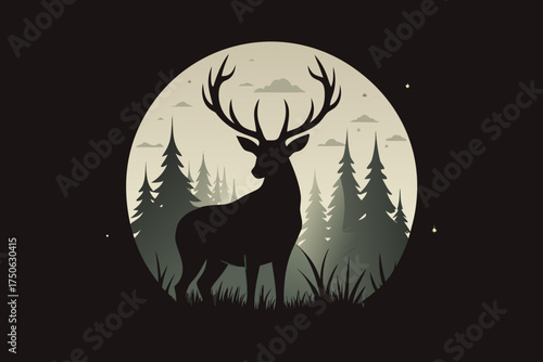 Wolf howling at the moon in a night forest silhouette illustration