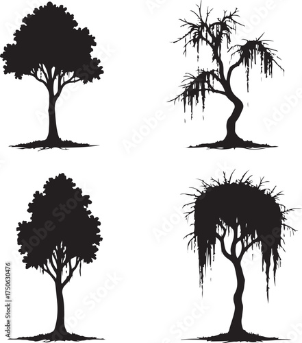 Four black silhouette trees with varied foliage and branches