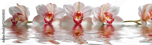 Five delicate orchid flowers with reddish-pink accents float atop rippled water, white background