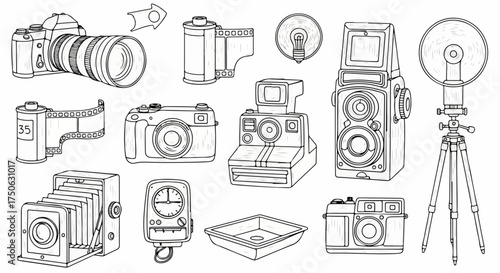 Hand-drawn Collection of Vintage and Analog Photography Equipment: Cameras, Film, and Darkroom Tools Line Art