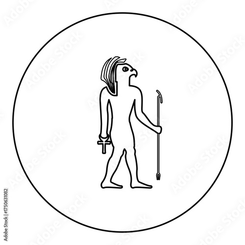 Egypt sun god deity Ra ancient with falcon head icon in circle round black color vector illustration image outline contour line thin style