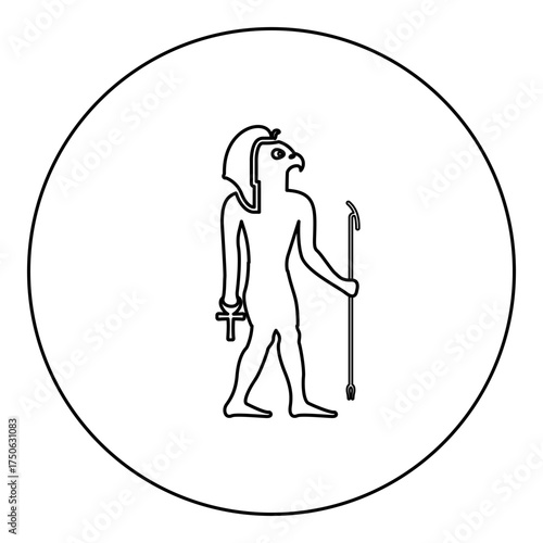 Ra ancient Egypt sun god deity with falcon head icon in circle round black color vector illustration image outline contour line thin style