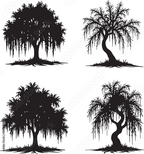 Four black silhouettes of weeping willow trees white