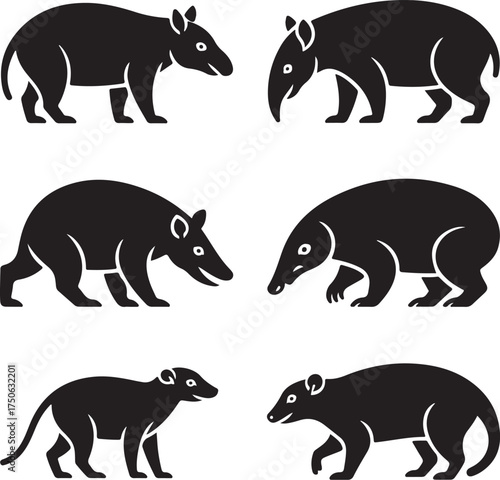 Six stylized black tapir icons in silhouette