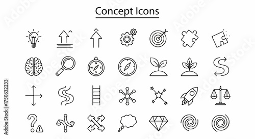 Minimalist Line Art Concept Icons Set: Ideas, Growth, Strategy, Communication, and Problem-Solving Symbols for Business, Education, and Web Design