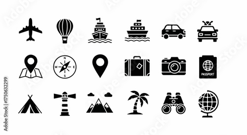 Essential travel and vacation icons including transportation, navigation, and destination symbols for global adventures and tourism.