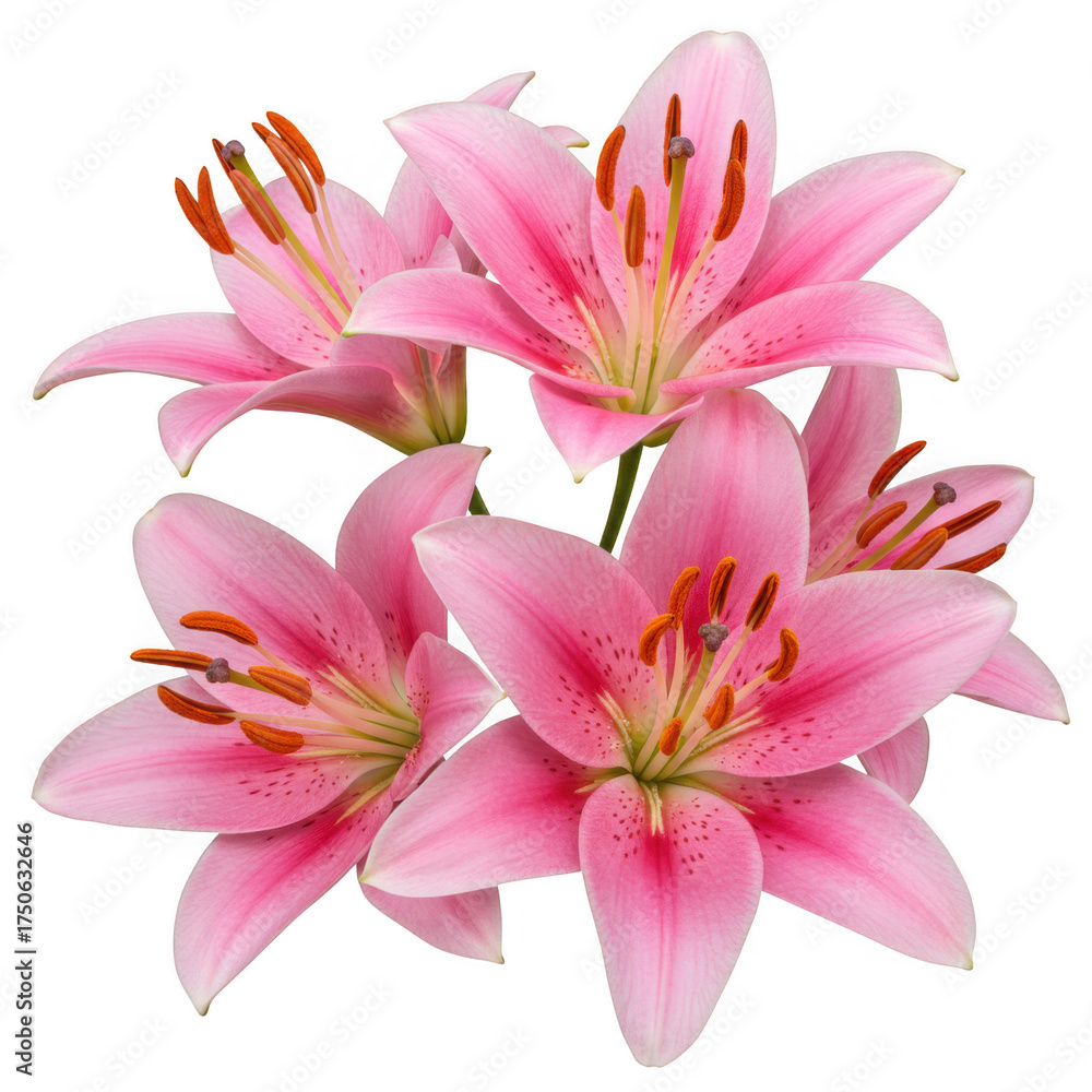 Naklejka premium Vibrant pink lilies blooming in a detailed close-up studio photograph isolated on transparent background