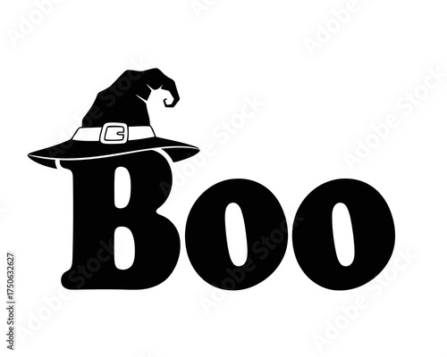 Spooky halloween boo text with a witch hat graphic and white background