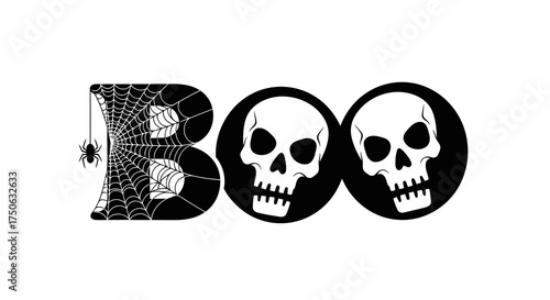 Spooky halloween boo text design with spider web and skulls for scary holiday celebration
