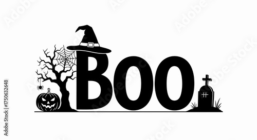 Spooky halloween boo text design with witch hat pumpkin spider web tree and tombstone