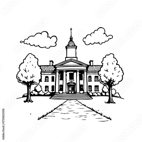 Elegant drawing of an academic building with landscaping creating a scenic university landscape