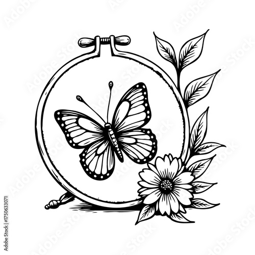 Elegant embroidery hoop showcasing a beautifully detailed butterfly illustration surrounded by