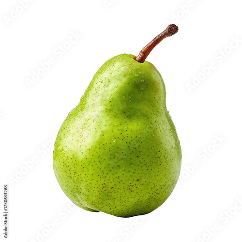 Green Anjou pear with smooth matte skin and long curved stem, subtle lenticel dots and soft rim light, isolated on transparent background.
