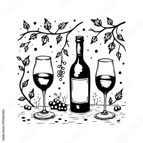 Elegant wine bottle and glasses with grapevine illustration conveying a sense of refinement and