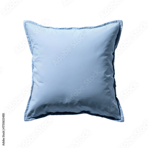 Square sky-blue cotton sateen pillow with fine micro-piped edge and light creases, soft fill creating relaxed volume, isolated on transparent background.
