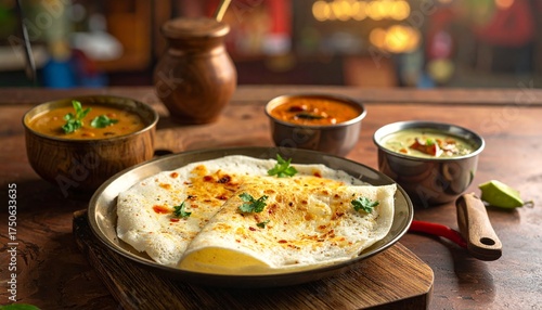 Round Shape Butter Dosa along with Coconut Chutney, Red Chutney with sambhar laying on Wooden Table of the Chef 