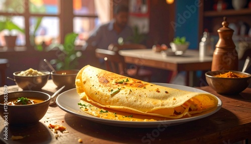 Dosa with Chutney and Sambhar on Nice Plate in the Typical South Indian Shop Wooden Table with Customer Sitting in Background 