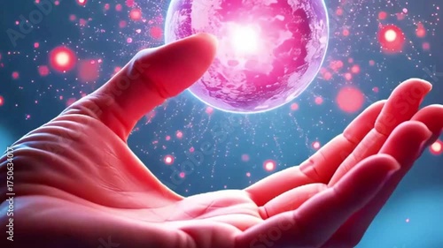 A hand holding a green globe with a network of lines surrounding it. Concept of interconnectedness and the importance of taking care of our planet