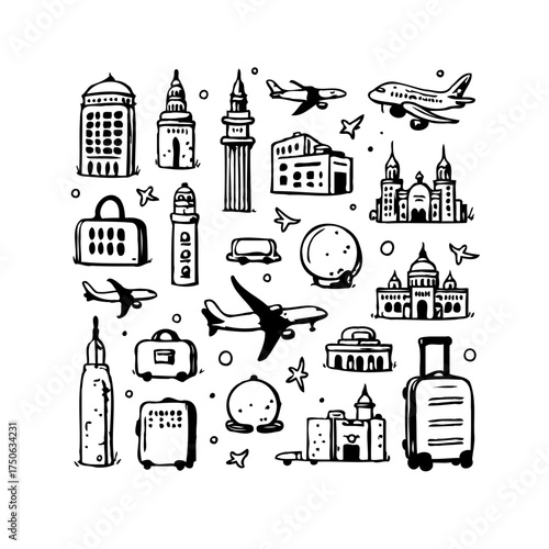 Globetrotting adventure depicted through charming black and white line art showcasing iconic