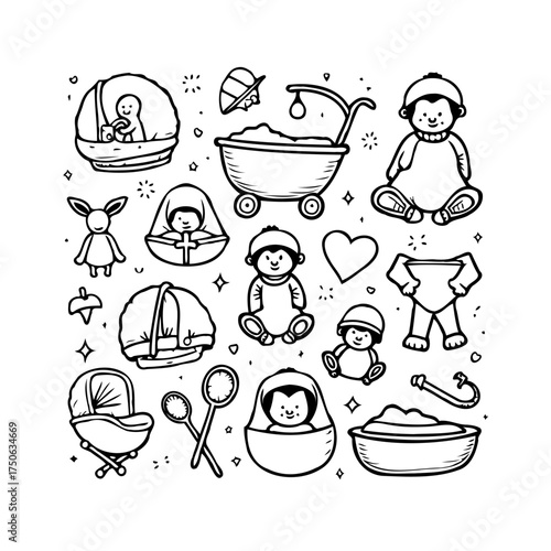 Hand drawn cute infant objects collection and nursery items illustration in a cartoon style with
