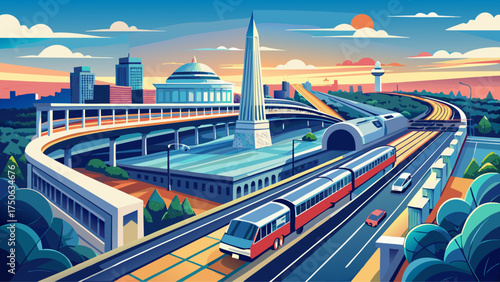 Very beautiful Washington, D.C. suburban subway station and highway, vector-style drone view with modern lines and urban silence.
