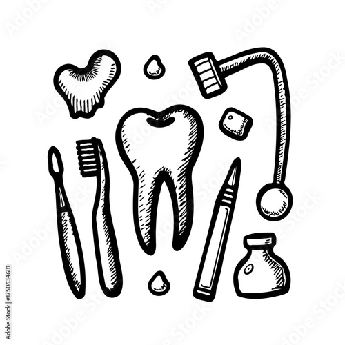 Hand drawn dental healthcare essentials illustration featuring tooth brush, and medical equipment