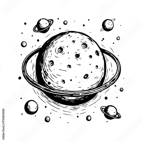 Hand drawn depiction of a ringed planet orbiting in the cosmos with small moons and stars
