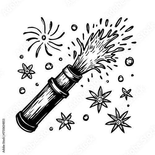 Hand drawn firework cannon illustration spreading celebration energy and festive spirit with