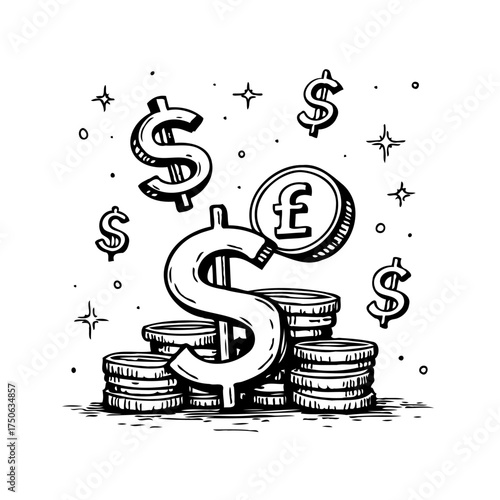 Hand Drawn Finance Illustration with Dollar Signs and Currency Coins Symbolizing Economic Growth